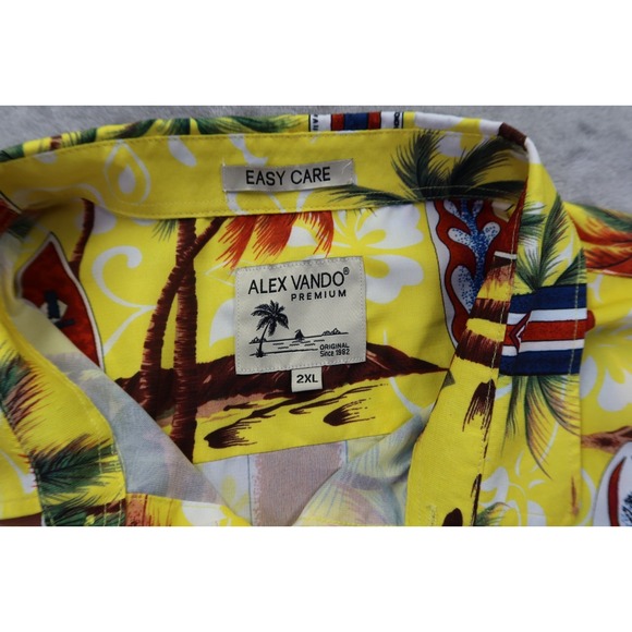 ALEX VANDO Yellow Hawaiian Surfboard Palm Tree Aloha Button Shirt 2XL Easy Care - Picture 3 of 6
